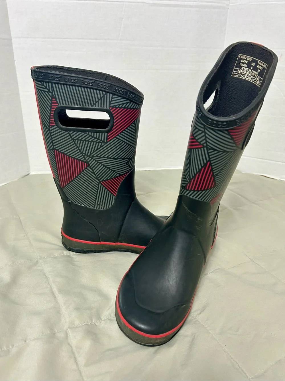 Bogs Kids Black and Red Geometric Rain Boots, Waterproof, Youth Size 5